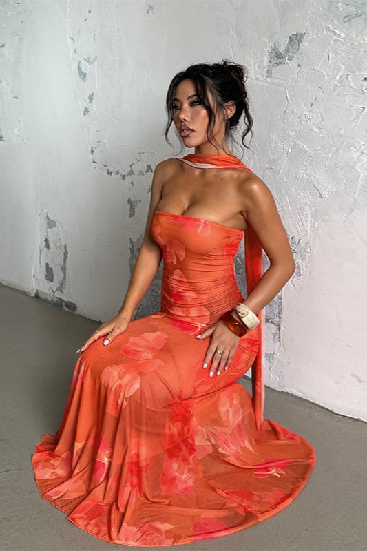 Sexy Strapless Mesh Tie Detail Maxi Floral Dress 3