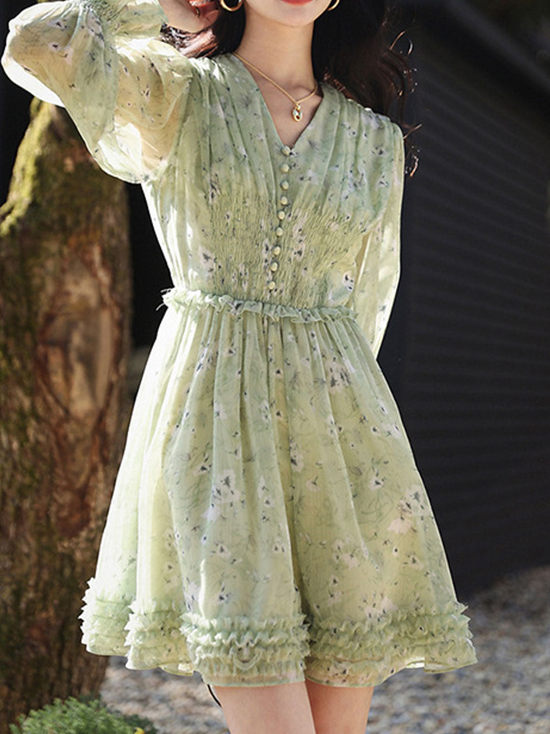 Floral Print V-Neck Button Front Smocked Waist Balloon Sleeve Ruffle Hem Mini Dress