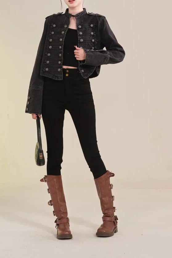Cropped Denim Military Jacket