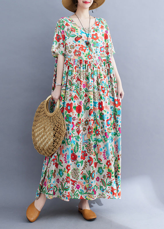 Floral Graphic Print Round Neck Short Sleeve Empire Waist Babydoll Maxi Dress
