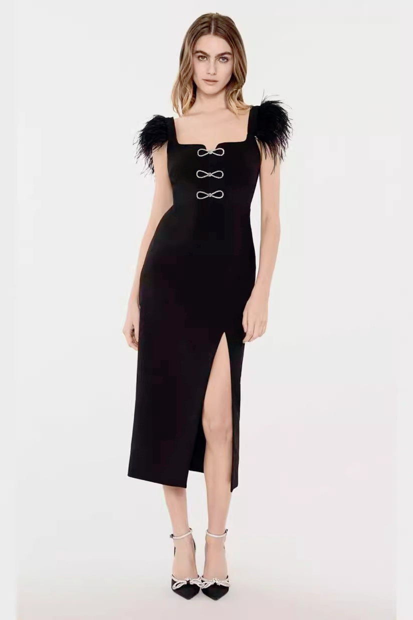 Square Neck Feather Strap Bow High Split Bodycon Midi Dress