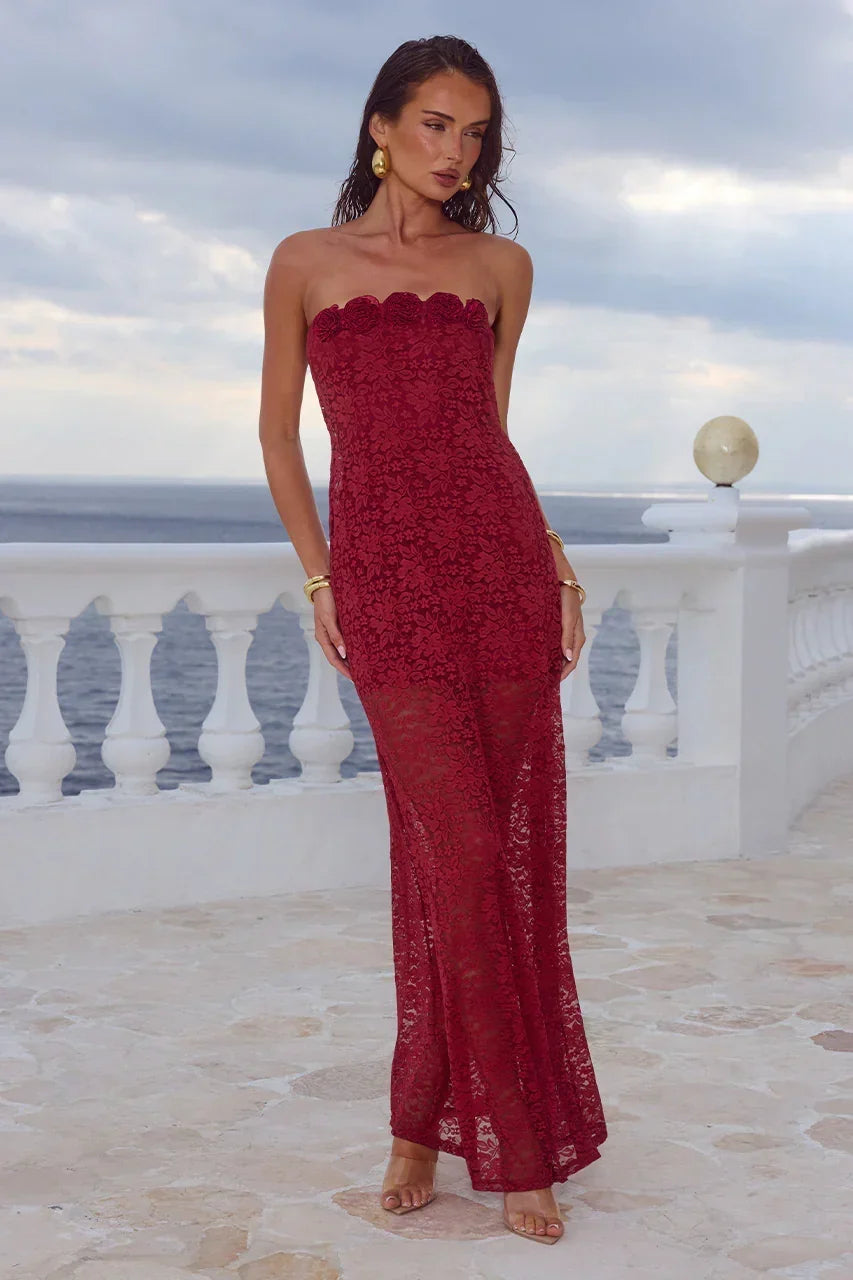 Floral Lace Strapless Scalloped Neckline Column Maxi Dress 6