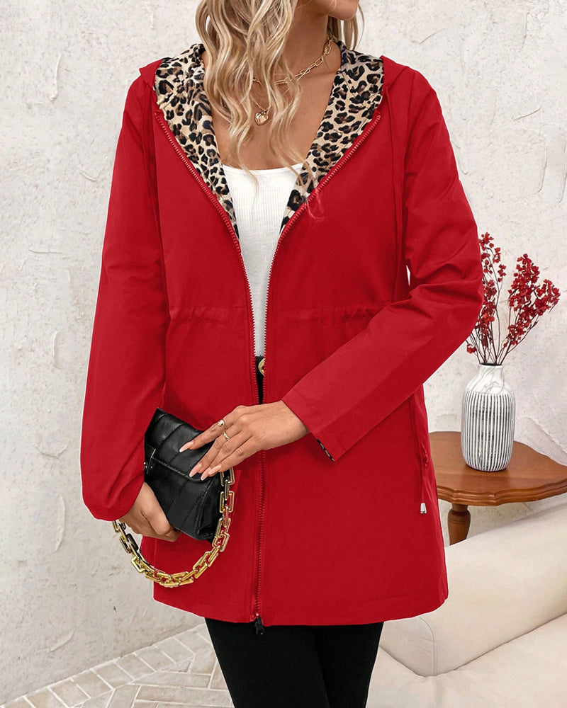 Reversible Hooded Zip Front Leopard Longline Jacket