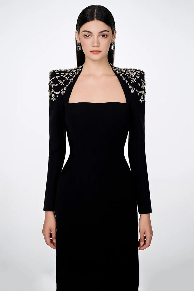 Square Neck Rhinestone Embellished Shoulder Long Sleeve Cocktail Dress