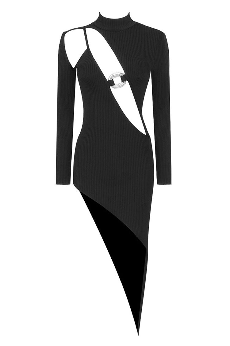 Cut Out O Ring High Neck Long Sleeve Asymmetric Bodycon Dress