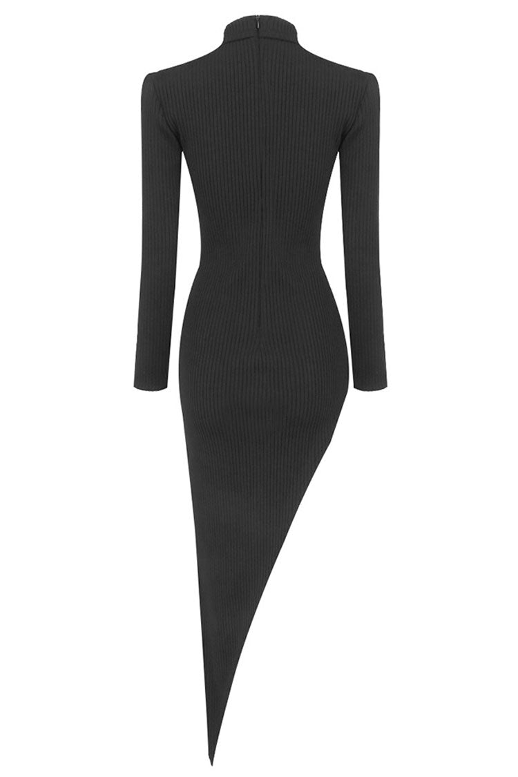 Cut Out O Ring High Neck Long Sleeve Asymmetric Bodycon Dress