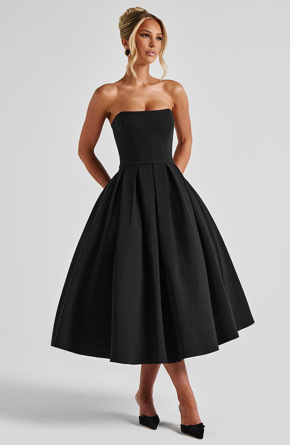 Strapless Straight Neck Box Pleated Full Skirt Midi Dress 4