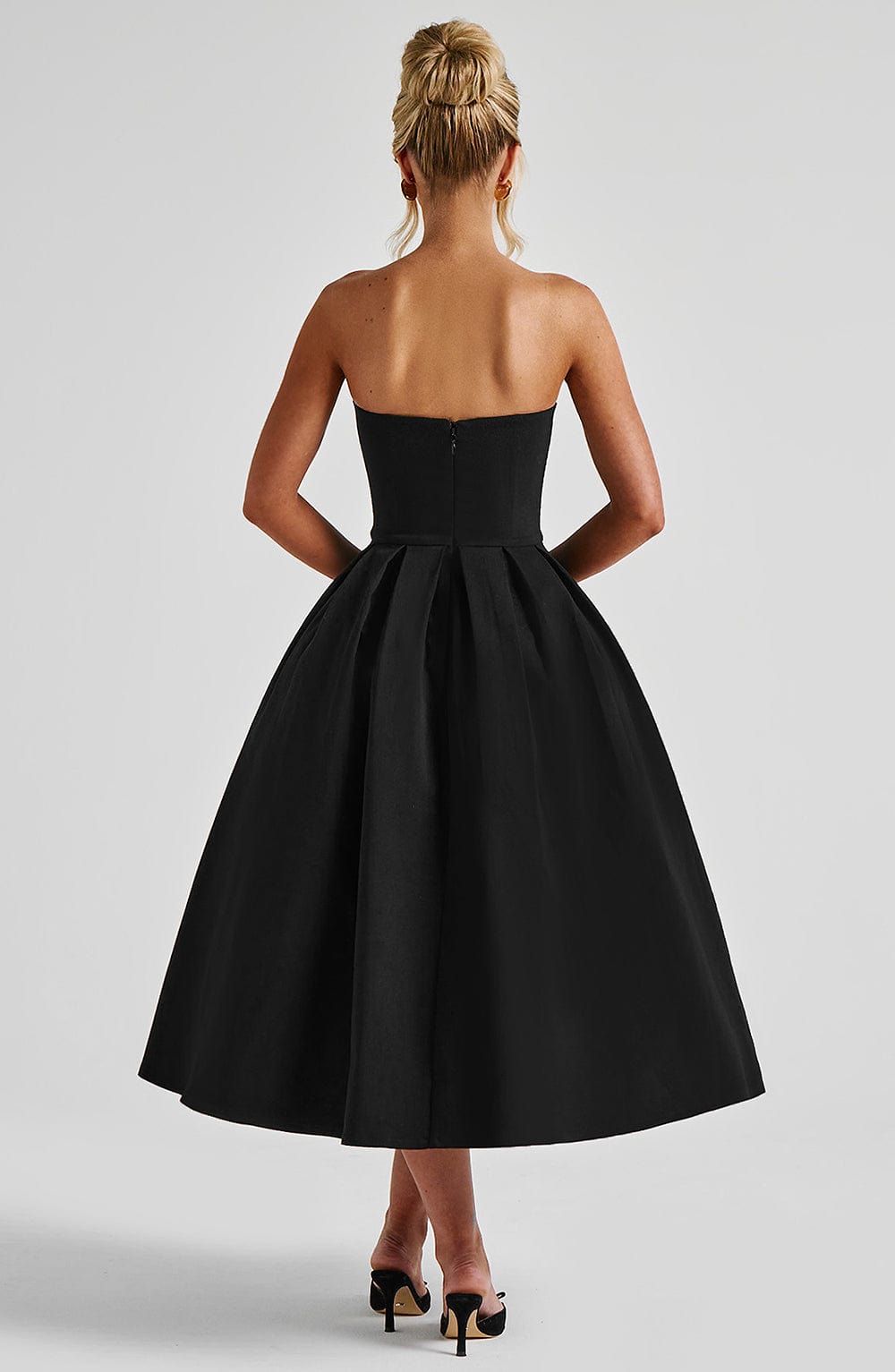 Strapless Straight Neck Box Pleated Full Skirt Midi Dress 2
