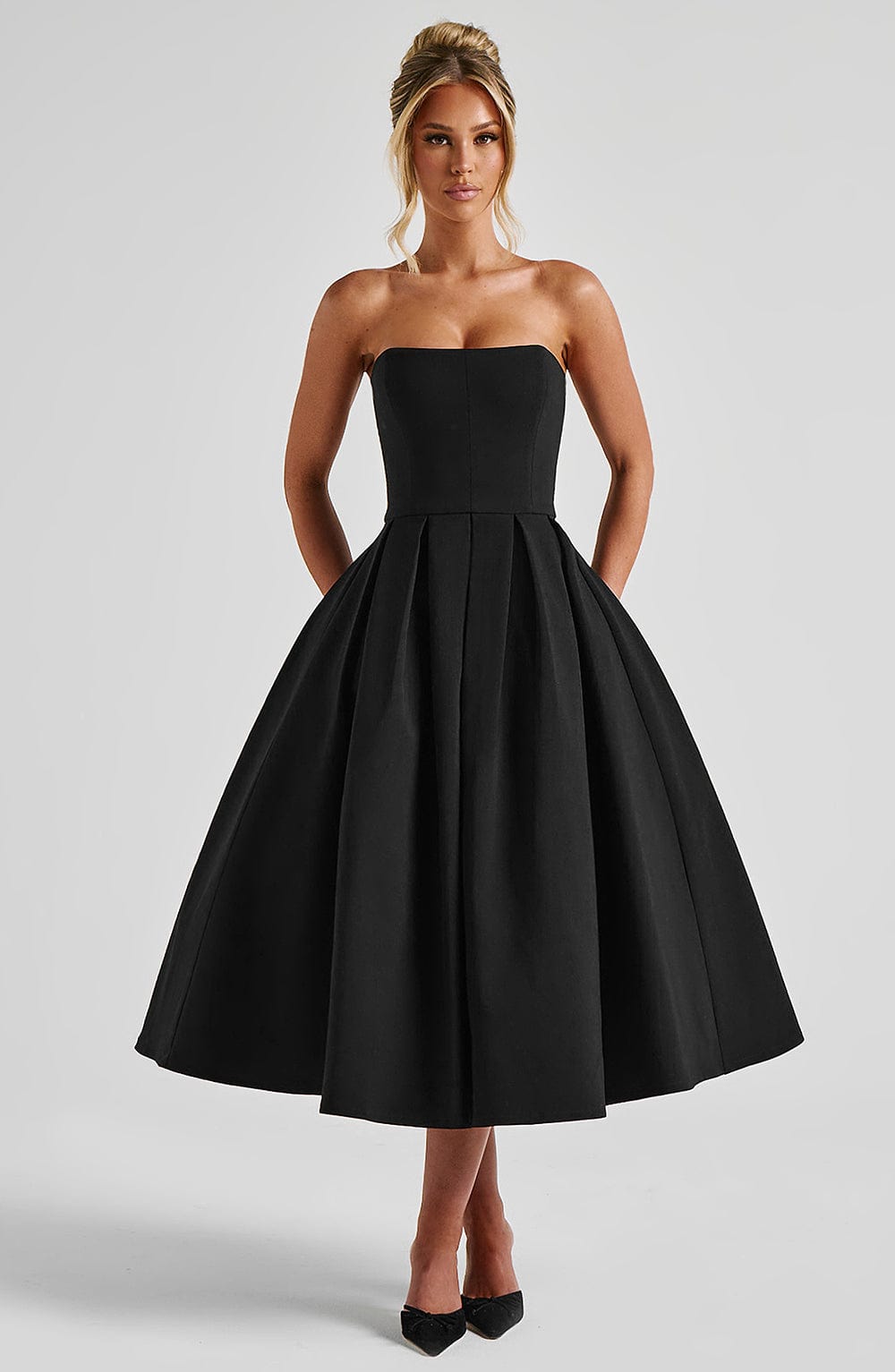 Strapless Straight Neck Box Pleated Full Skirt Midi Dress 5
