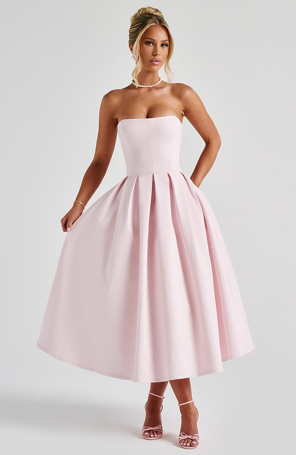 Strapless Corset Bodice Pleated A-Line Midi Dress 4