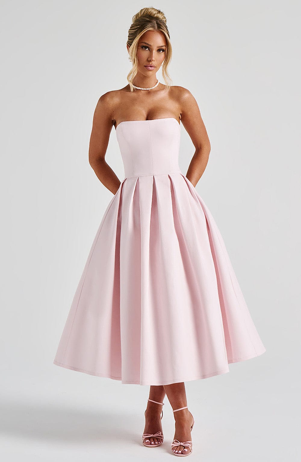 Strapless Corset Bodice Pleated A-Line Midi Dress 6