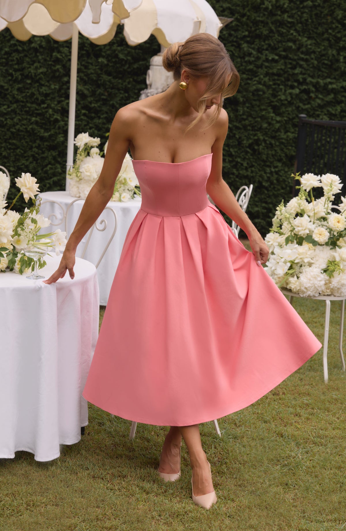 Strapless Fitted Bodice Box Pleat A-Line Midi Dress 2