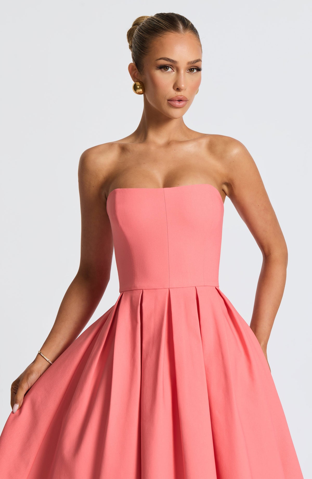 Strapless Fitted Bodice Box Pleat A-Line Midi Dress 6