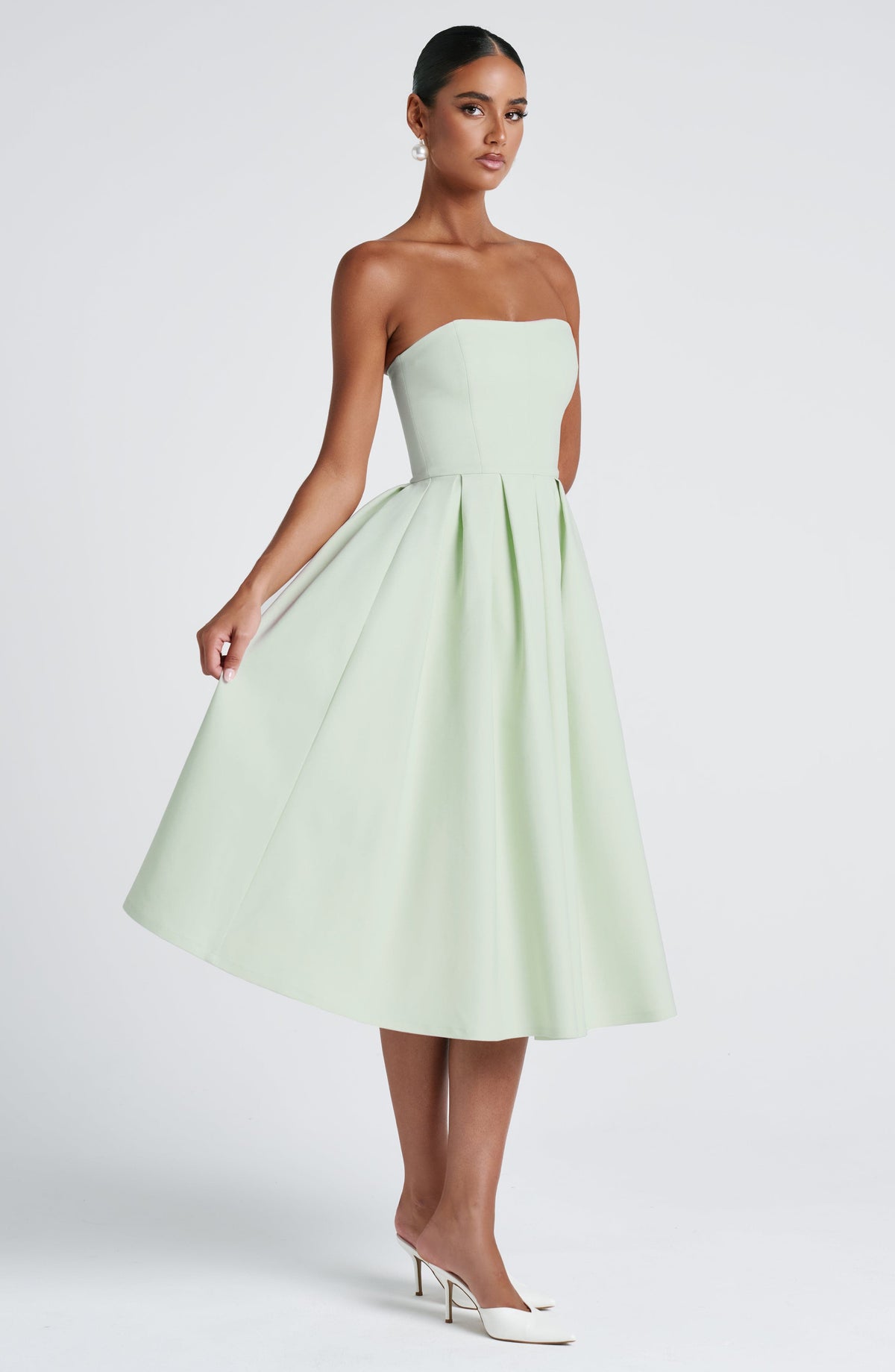Strapless Fitted Bodice Box Pleat A-Line Midi Dress 4