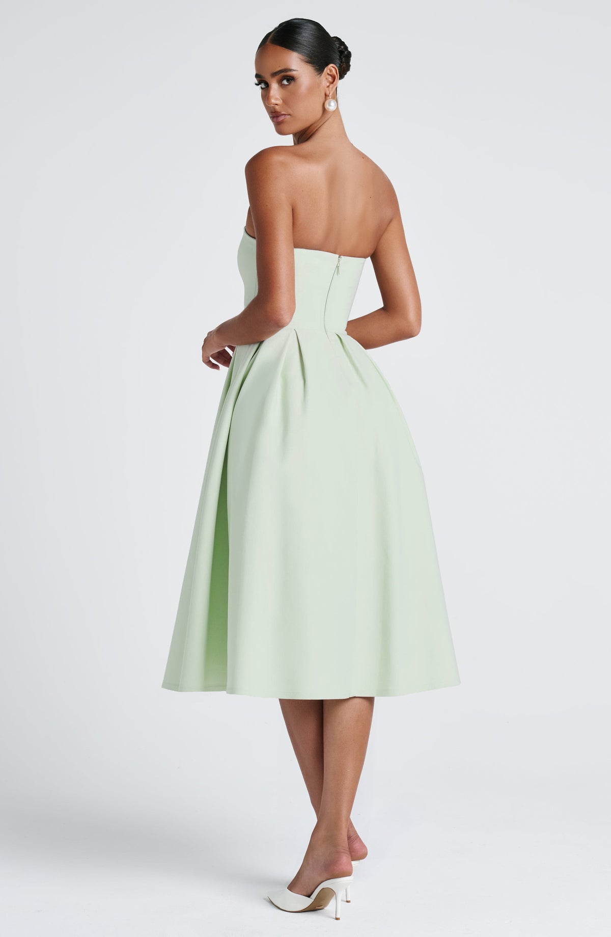 Strapless Fitted Bodice Box Pleat A-Line Midi Dress 9