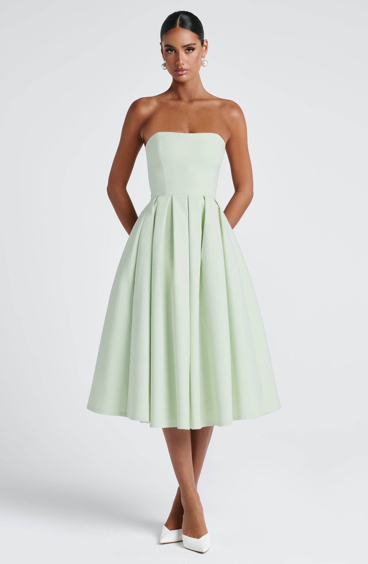 Strapless Fitted Bodice Box Pleat A-Line Midi Dress 8