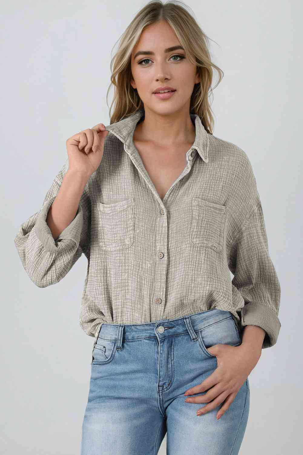 Textured Crinkle Collared Button Front Long Sleeve Chest Pocket Shirt 22
