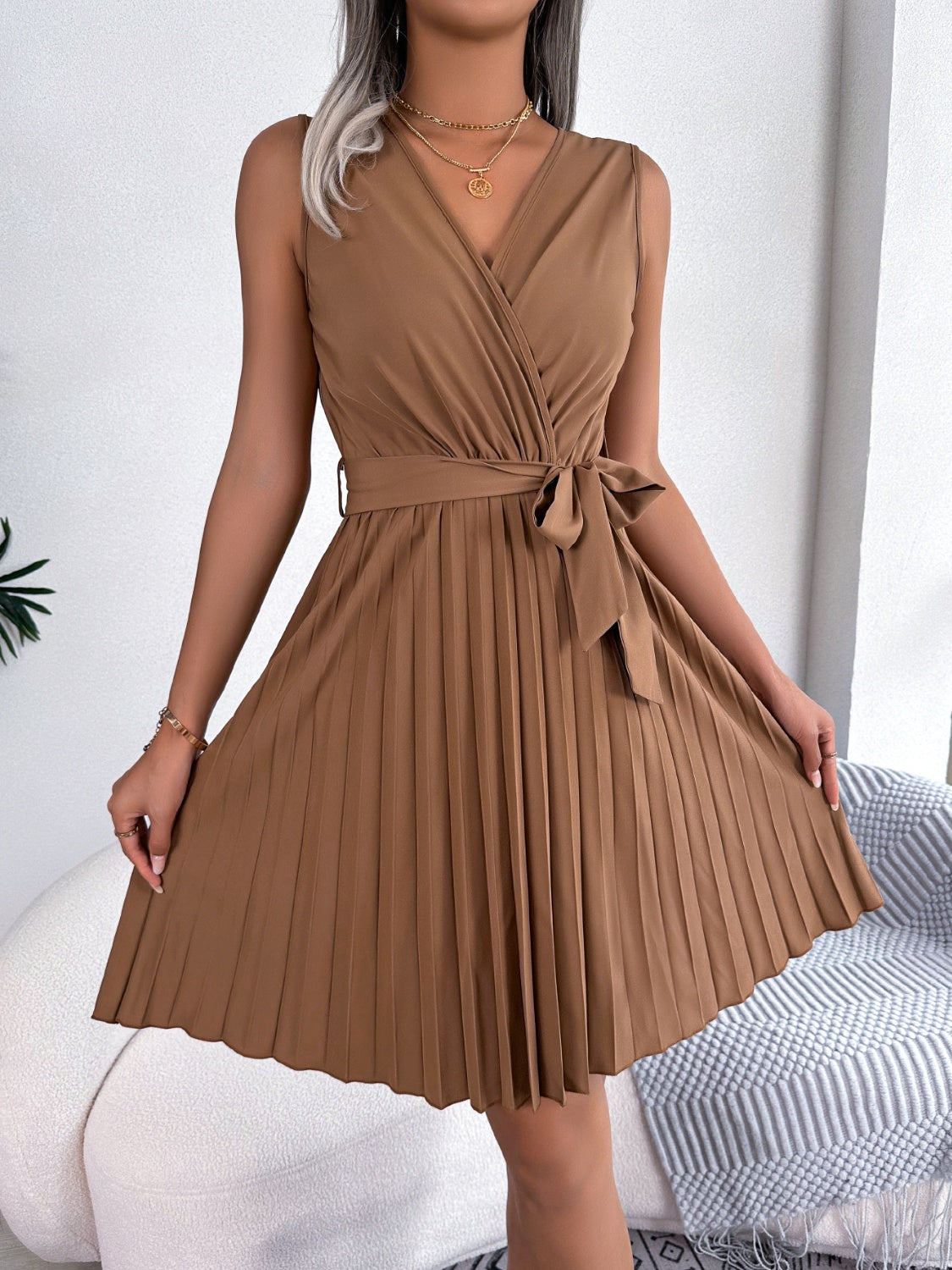 Tied Surplice Sleeveless Pleated Dress Caramel