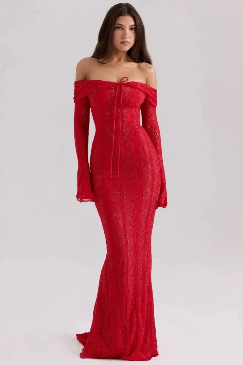 White Off Shoulder Long Sleeve Lace Maxi Dress 5