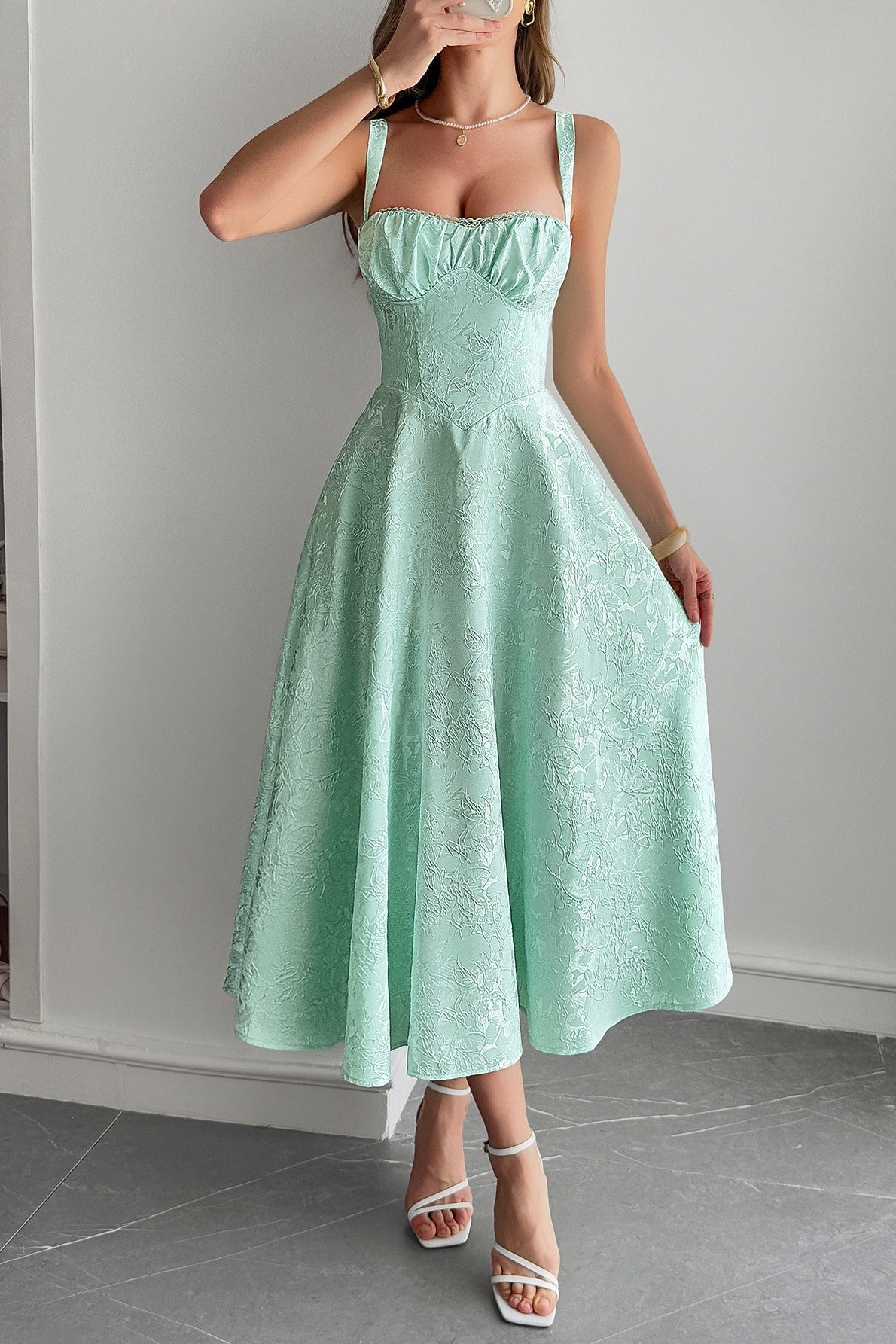 Jacquard Sweetheart Lace Trim Corset Bodice Pocket A-Line Midi Dress