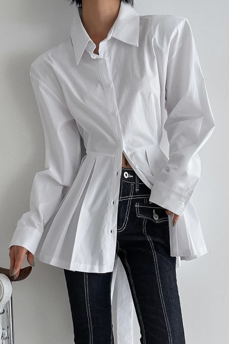Collared Long Sleeve Padded Shoulder Pleated Mini Shirt Dress 6
