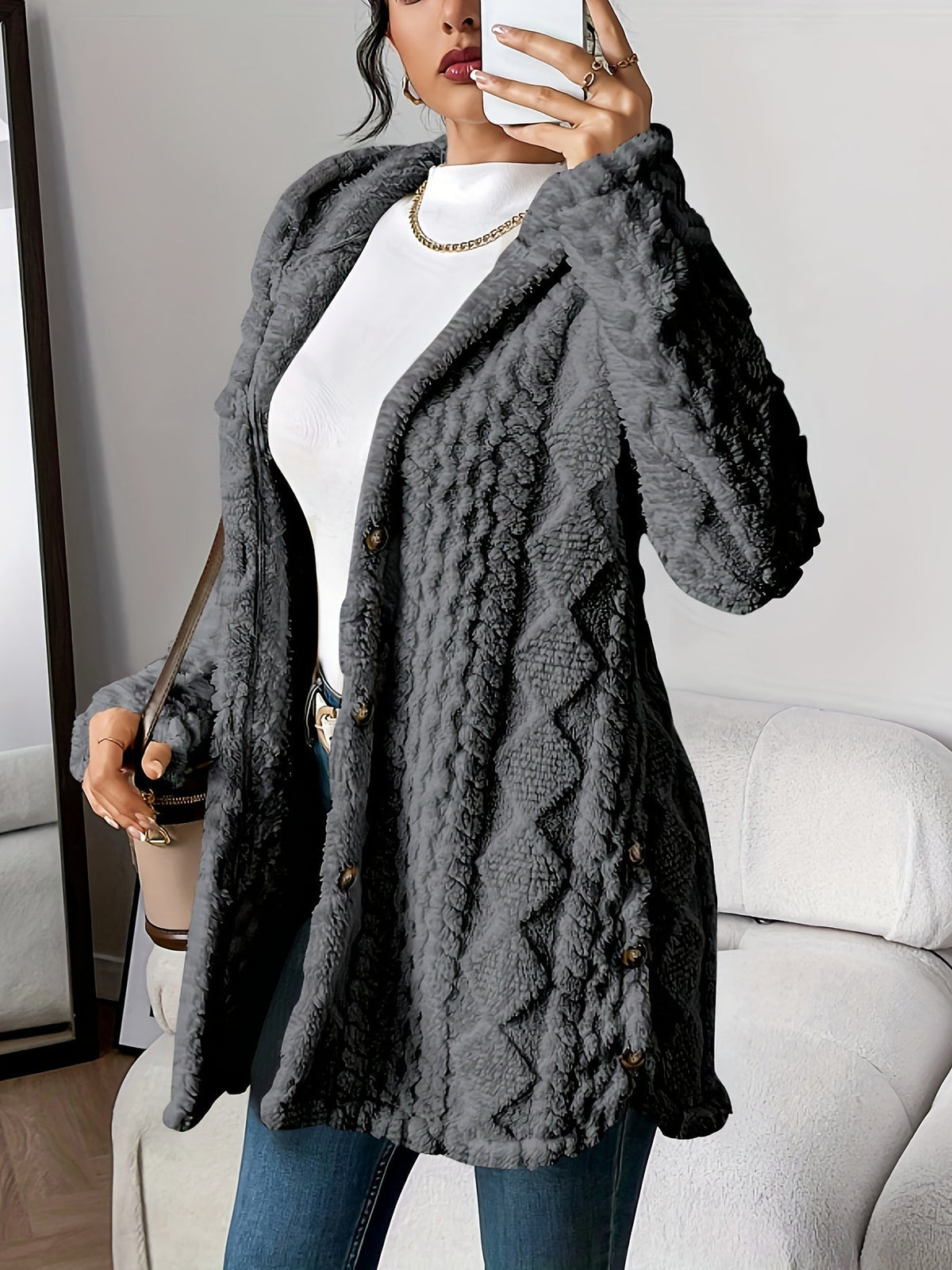 Textured Plush Fleece Button Front Hooded Cardigan Coat