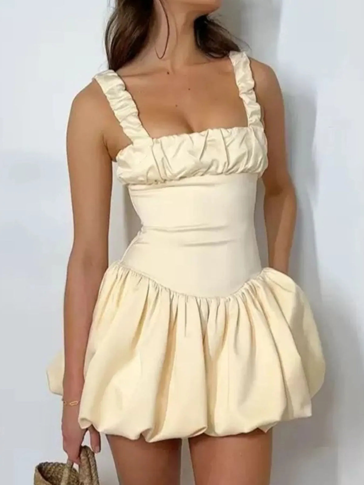 Square Neck Ruched Bust Ruffle Strap Bubble Hem Mini Dress 7
