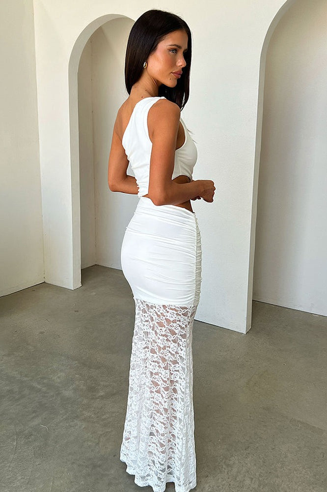 Cutout Waist Spliced One Shoulder Bandeau Lace Dress