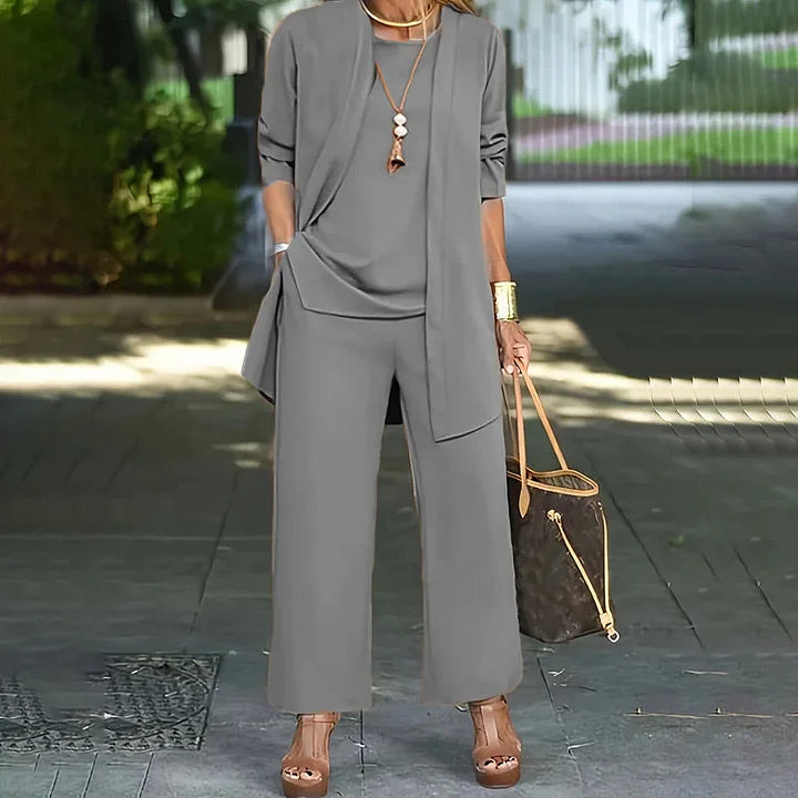 Round Neck Top Open Front Duster and Wide Leg Pants Three Piece Set