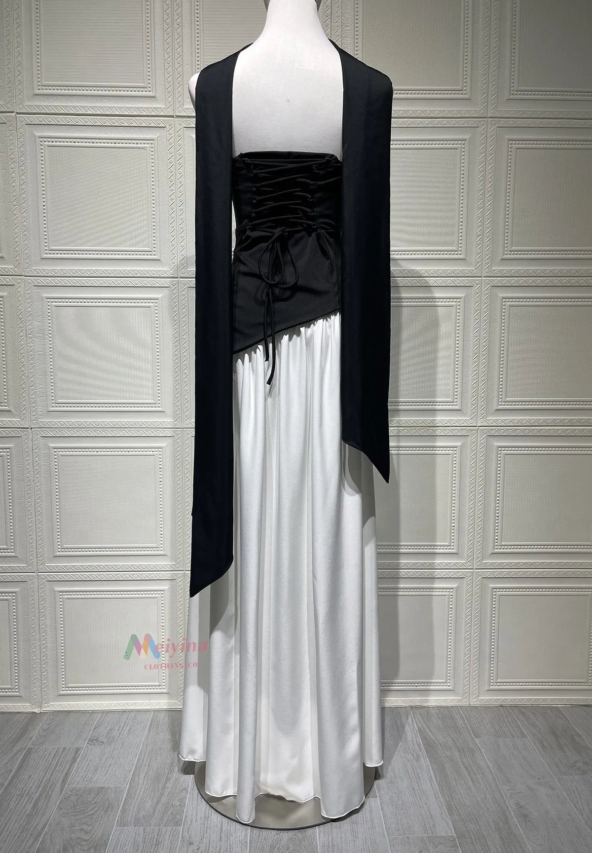 Strapless Asymmetric Drop Waist High Split Maxi Dress with Scarf 15