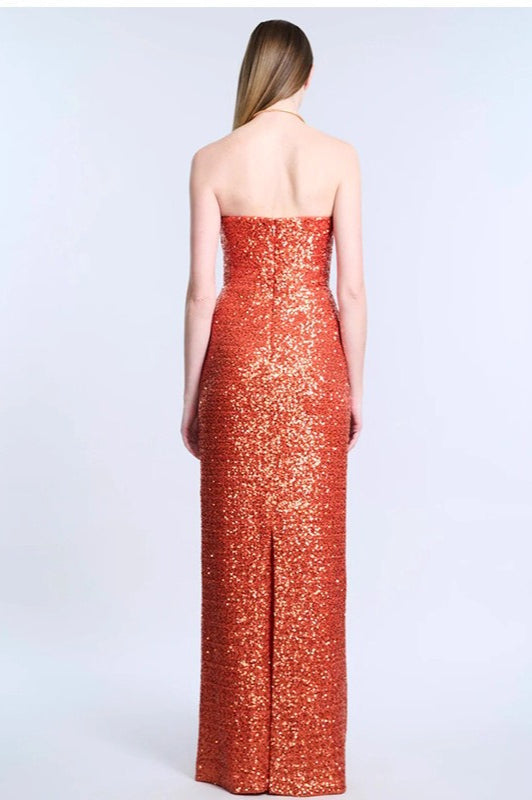 Sequin Strapless Deep V-Neck Ruched Column Gown