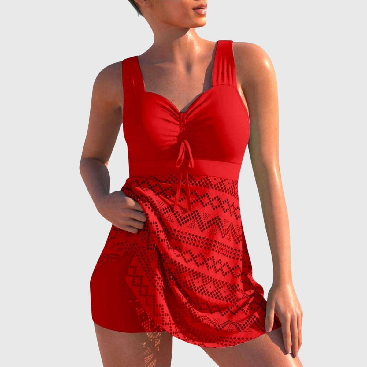 Ruched Front Lace Overlay Swim Dress