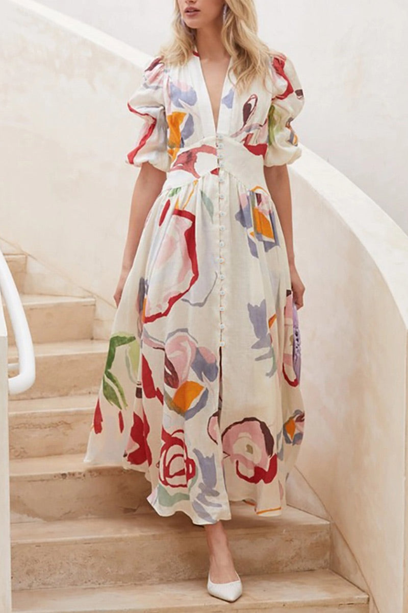 Abstract Print Deep V-Neck Puff Sleeve Button Front A-Line Maxi Dress