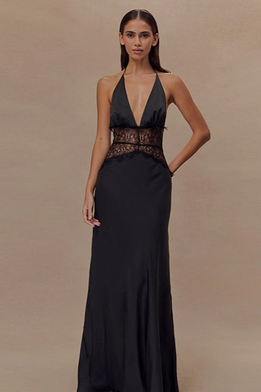 Satin Deep V-Neck Halter Neck Lace Waist Panel Maxi Dress