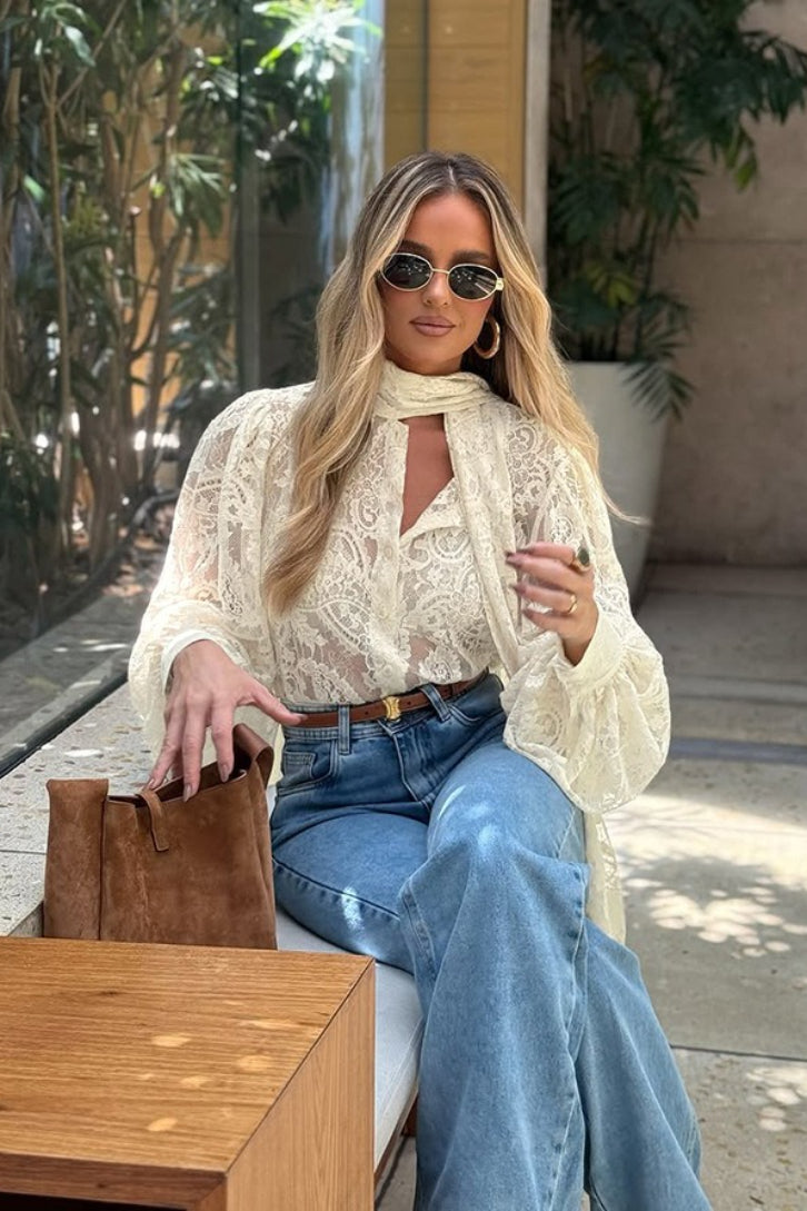 Sheer Lace Scarf Tie Neck Balloon Sleeve Blouse 3