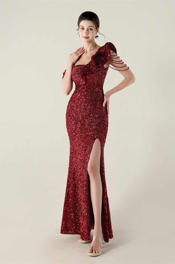Sequin One Shoulder Ruffle High Split Mermaid Gown