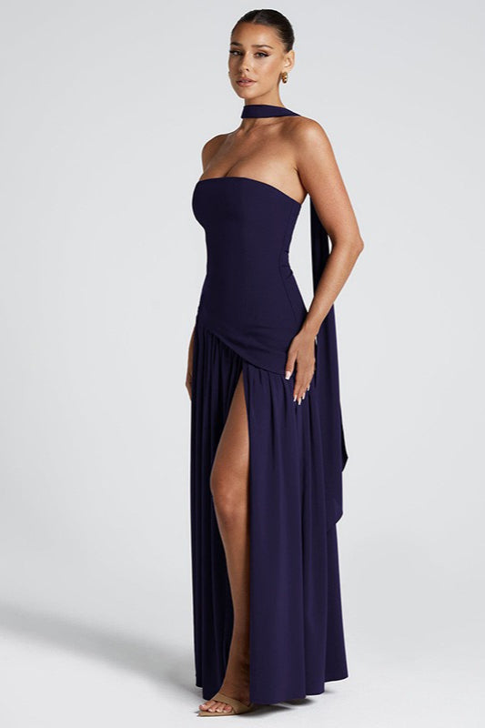 Strapless Slit Back Tie Detail Prom Dress