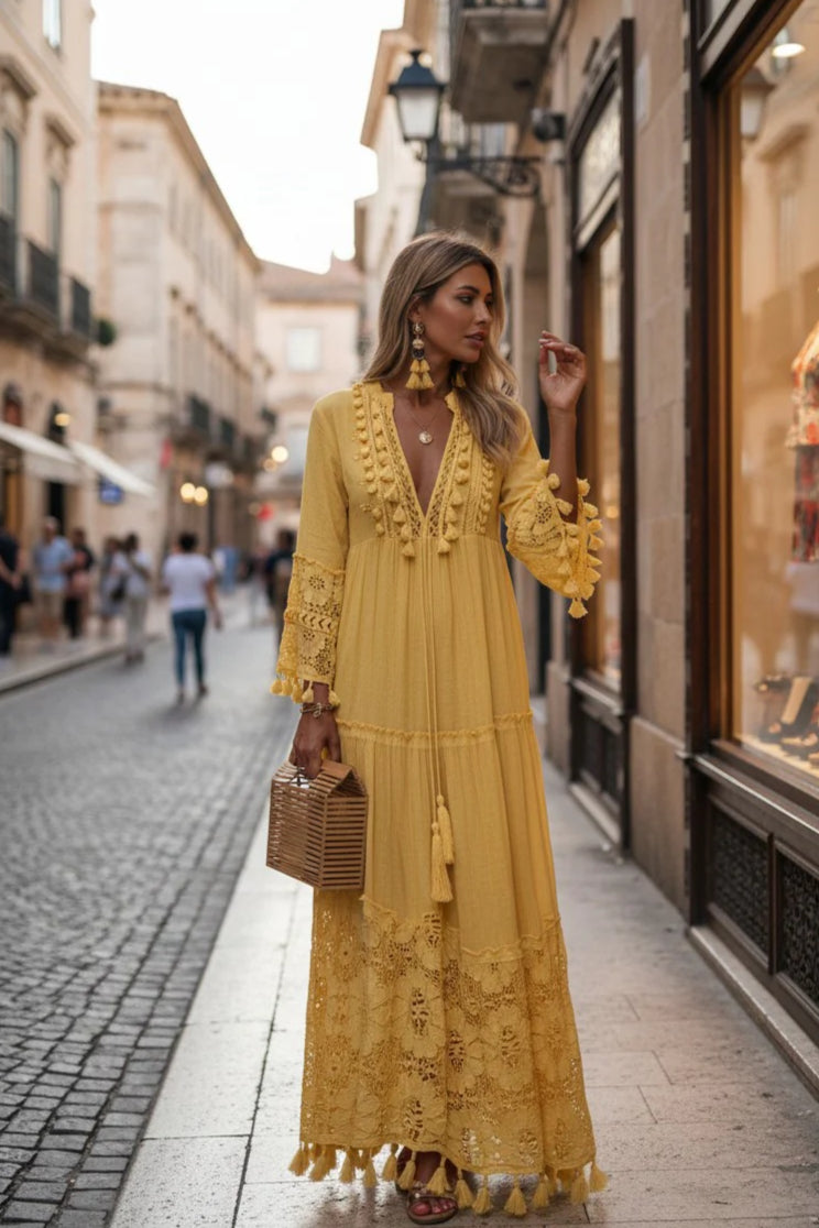 Deep V-Neck Tassel Trim Lace Insert Bell Sleeve Tiered Drawstring Dress