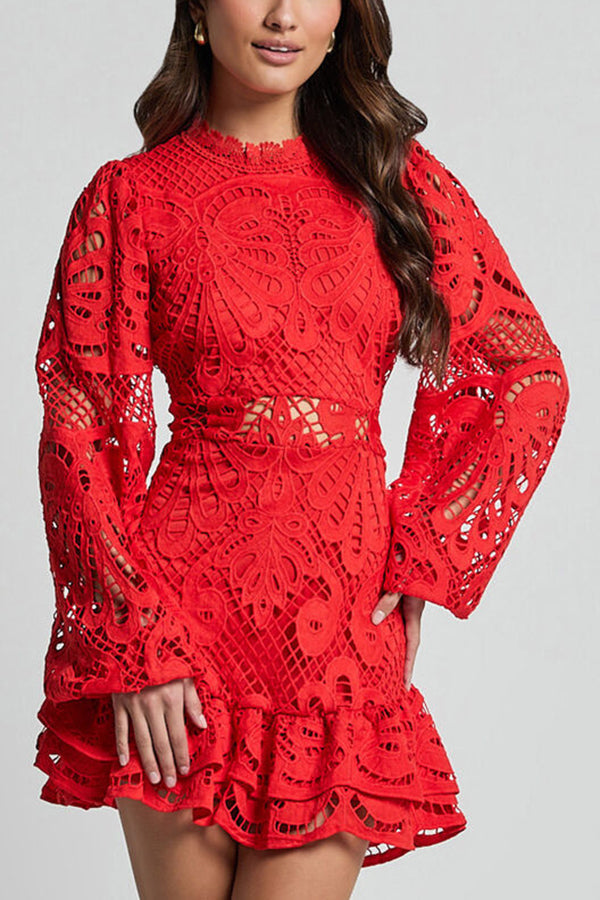 Crochet Lace Mock Neck Waist Cut Out Balloon Sleeve Tiered Ruffle Mini Dress