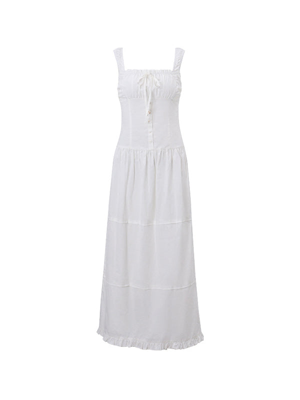Square Neck Sleeveless Button Front Ruffle Hem Drop Waist Maxi Dress 5
