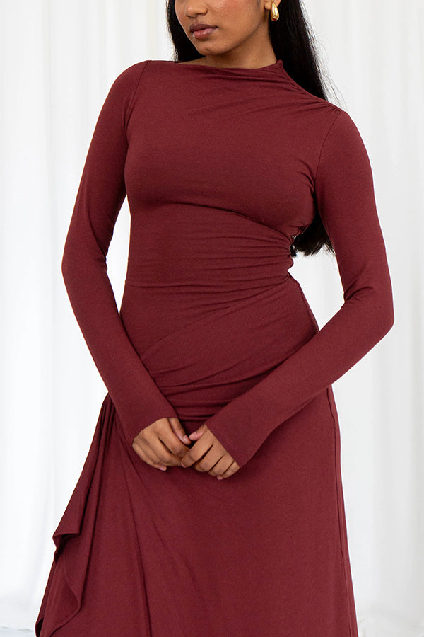 Long Sleeve High Neck Ruched Side Ruffle Slit Maxi Dress 10
