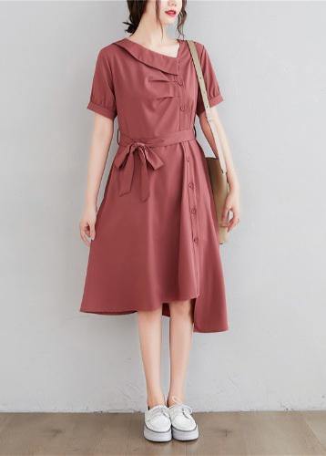 Asymmetric Collar Button Front Pocket Tie Belt Stepped Hem Short Sleeve A-Line Dress
