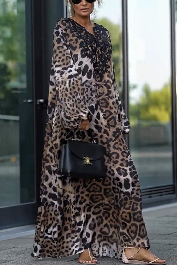 Rayna Lace Mixed Leopard Print Balloon Sleeve A-line Maxi Dress - View 2