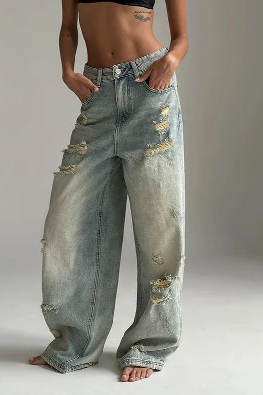 High Waist Ripped Straight Leg Jeans