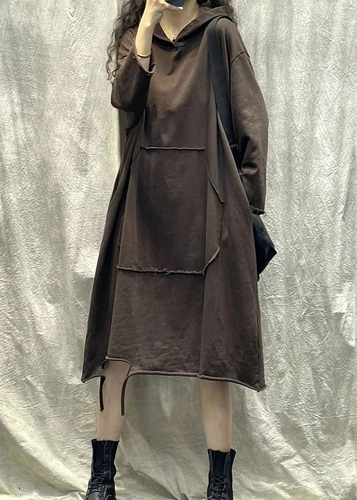 Hooded Long Sleeve Kangaroo Pocket Raw Hem Distressed Sweatshirt Dress