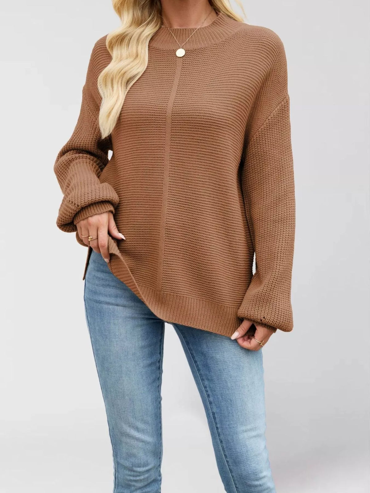 Mock Neck Drop Shoulder Front Seam Ribbed Knit Sweater 6