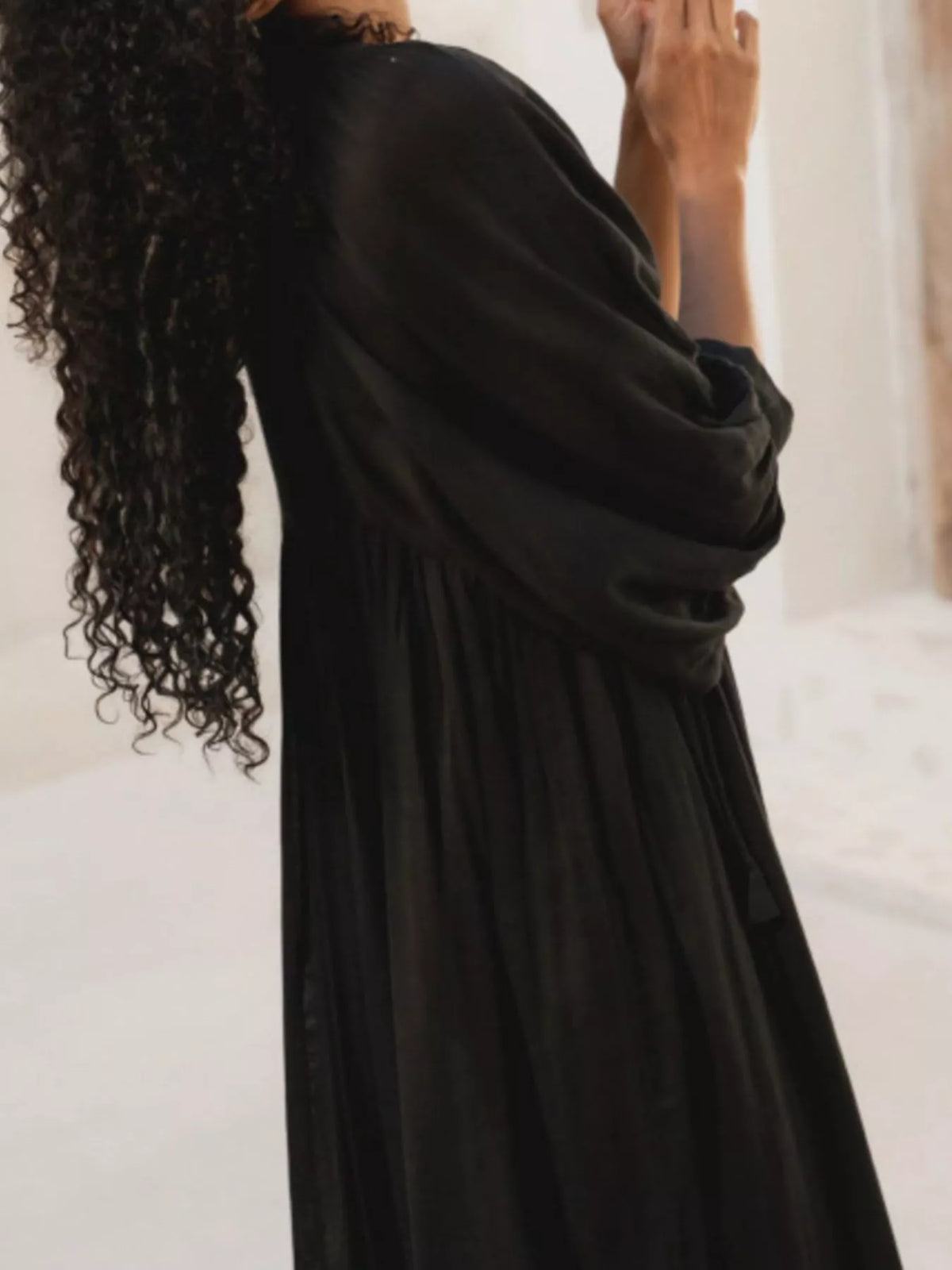 Split V-Neck Tie Neck Puff Sleeve Smock Midi Dress 14