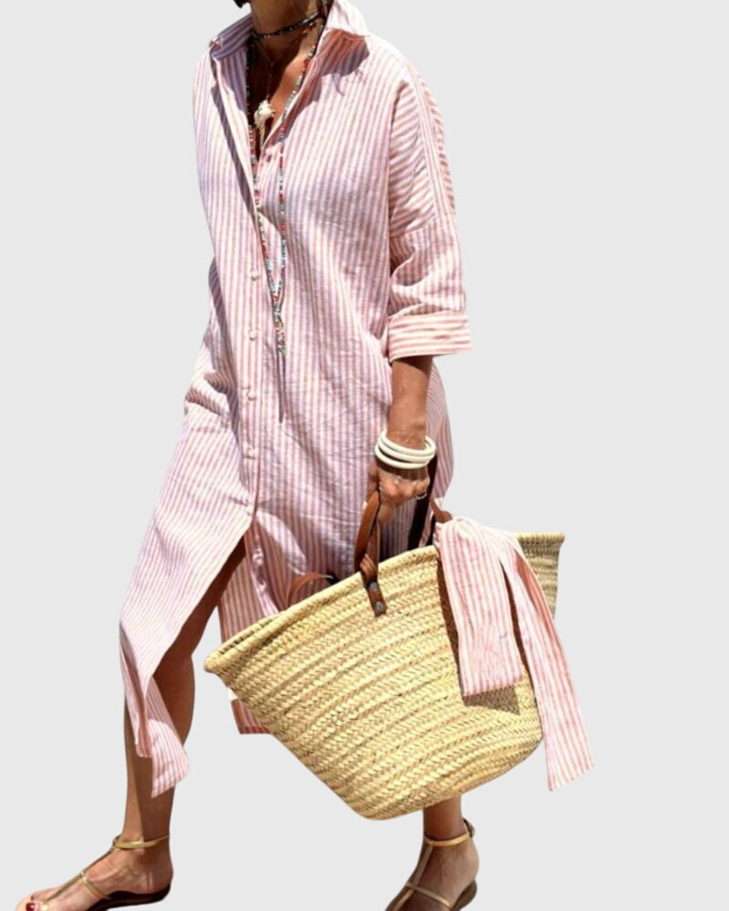 Striped Button Front Long Sleeve Side Split Shirt Dress