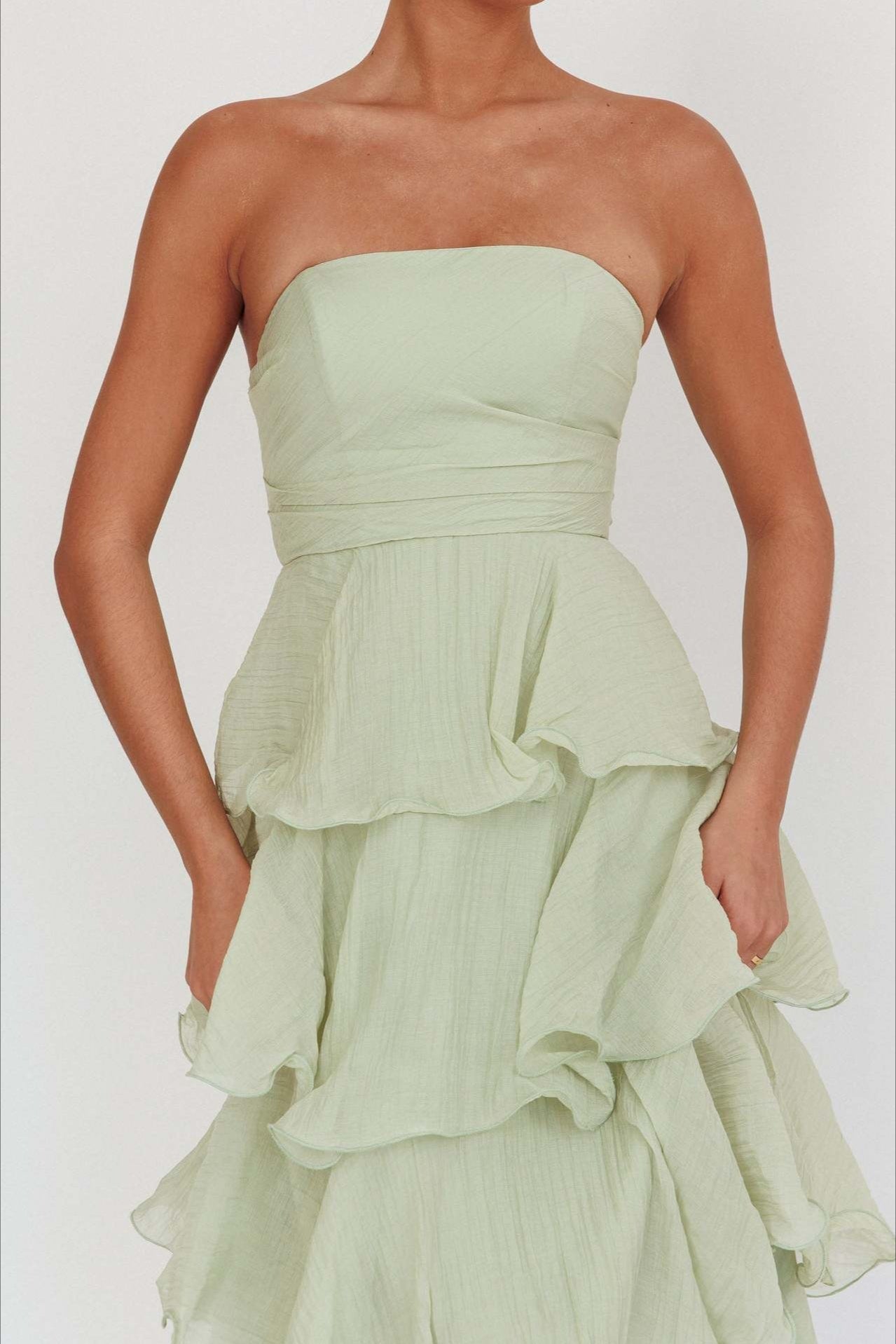 Strapless Tiered Ruffle Fit and Flare Midi Dress