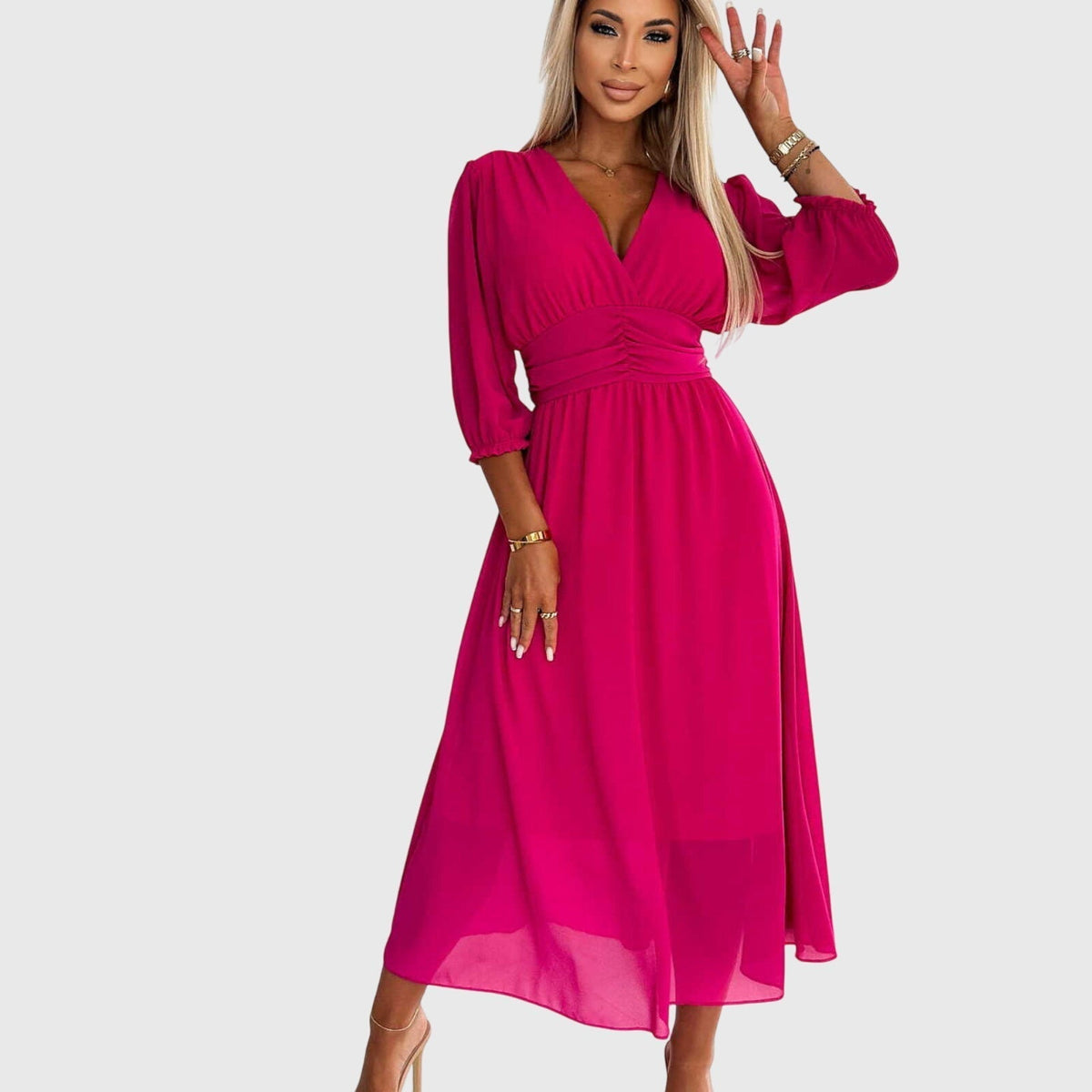 V-Neck Balloon Sleeve Ruched Waist Chiffon Midi Dress
